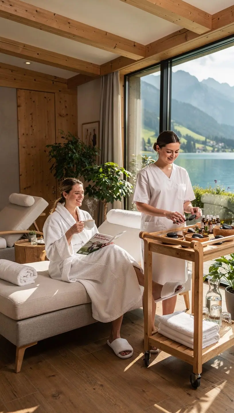 Einladende InnenrГ¤ume eines luxuriГ¶sen Ferienhauses mit Spa-Bereich.