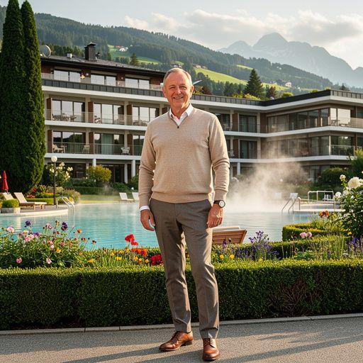 Beheizter Außenpool eines Luxusresorts, umgeben von Bergen und Bäumen